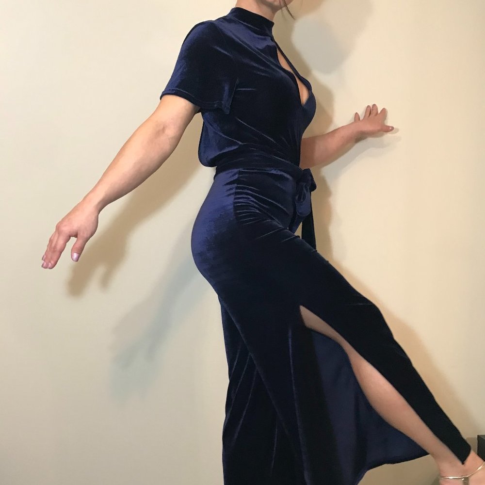 Gorgeous Navy Blue Velvet Romper - Picture 2 of 13